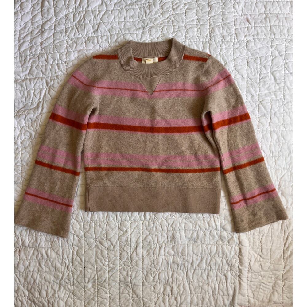 Maeve Penelope Sweater 100% Wool Tan Pink Stripe Bell Sleeve S